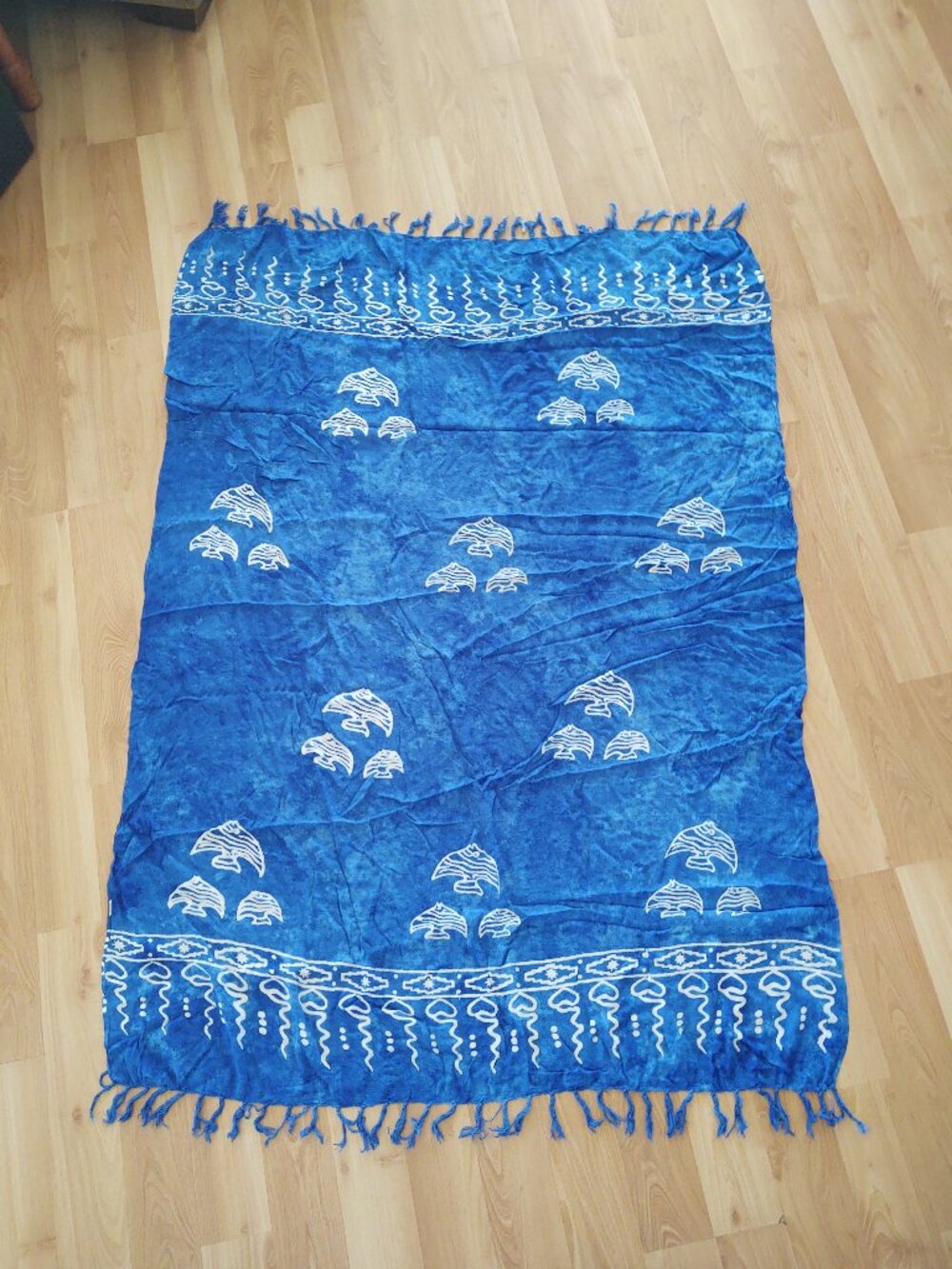 TROPICAL KOKO KNOT FRINGE SWIM SARONG BEACH WRAP INDONESIA LARGE BLUE WHITE